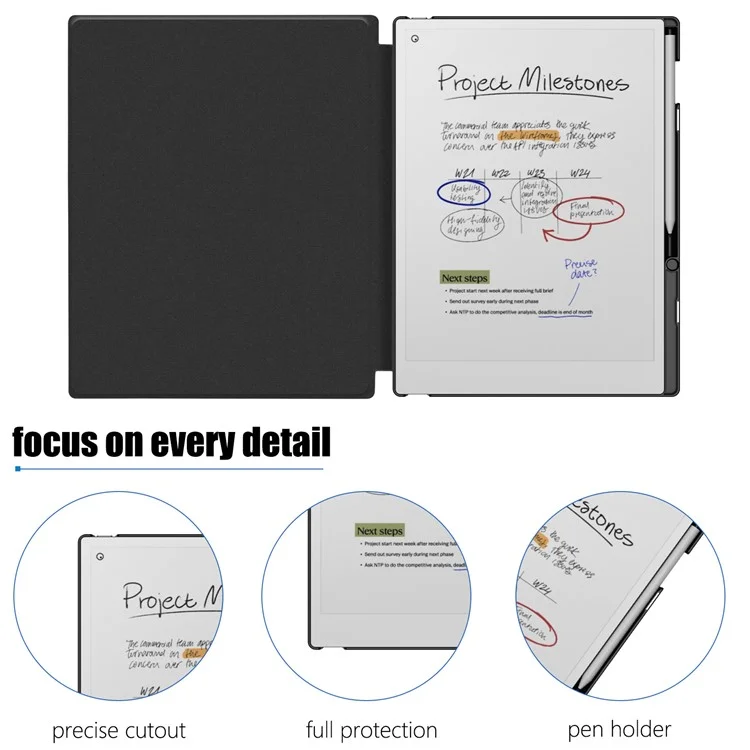 Étui de tablette de style livre Remarkable Paper Pro en PC+PU avec support pour stylo et réveil/veille automatique - Noir