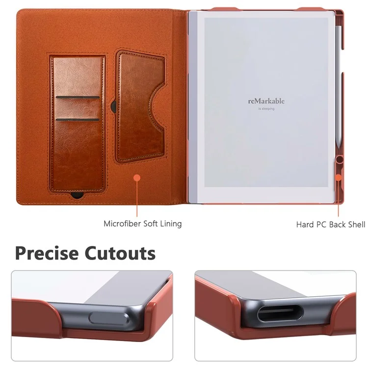 For Remarkable Paper Pro Case Card Slots Stand PC+PU Leather E-Reader Cover with Pen Holder - Brown