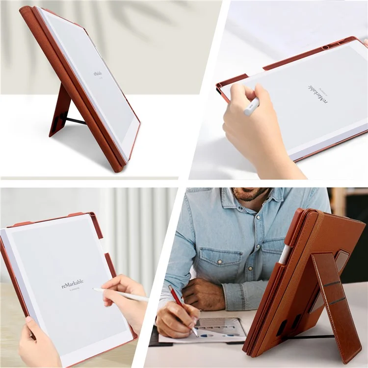 For Remarkable Paper Pro Case Card Slots Stand PC+PU Leather E-Reader Cover with Pen Holder - Brown