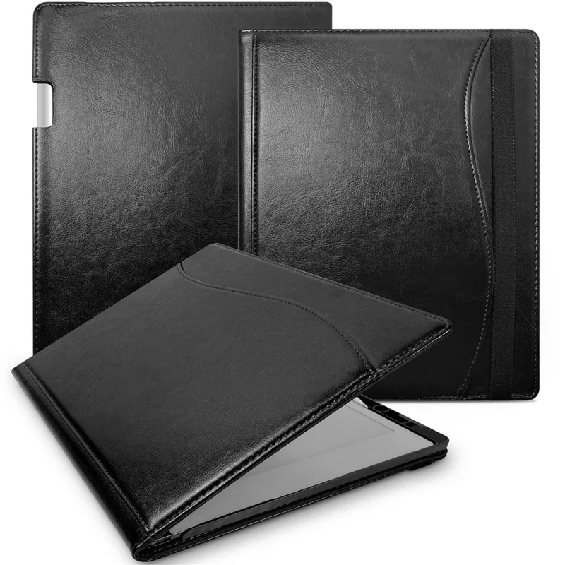 For ReMarkable Paper Pro Case Card Slots Stand PC+PU Leather E-Reader Cover with Pen Holder - Black