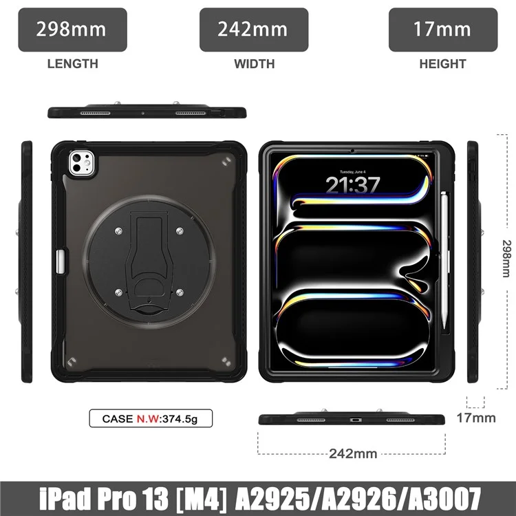 Étui pour iPad Pro 13 (2024) avec support PC+silicone+TPU - Noir transparent