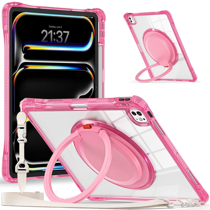 For iPad Pro 13 (2025) / 13 (2024) Case with Shoulder Strap Kickstand PC+TPU+Acrylic Tablet Cover - Rose