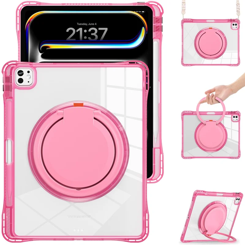 For iPad Pro 13 (2025) / 13 (2024) Case with Shoulder Strap Kickstand PC+TPU+Acrylic Tablet Cover - Rose