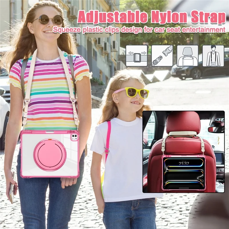 For iPad Pro 13 (2025) / 13 (2024) Case with Shoulder Strap Kickstand PC+TPU+Acrylic Tablet Cover - Rose