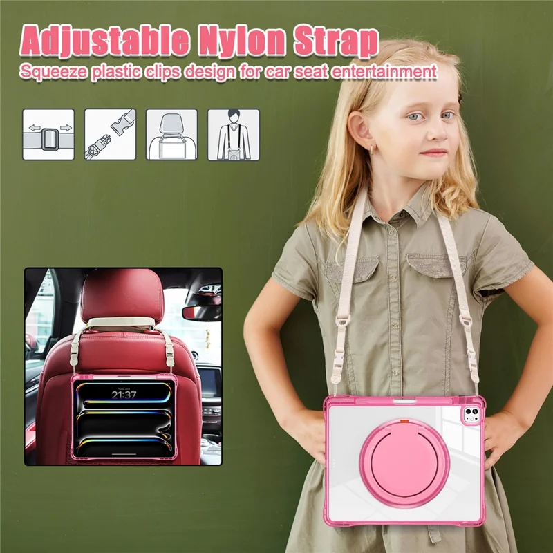 For iPad Pro 13 (2025) / 13 (2024) Case with Shoulder Strap Kickstand PC+TPU+Acrylic Tablet Cover - Rose