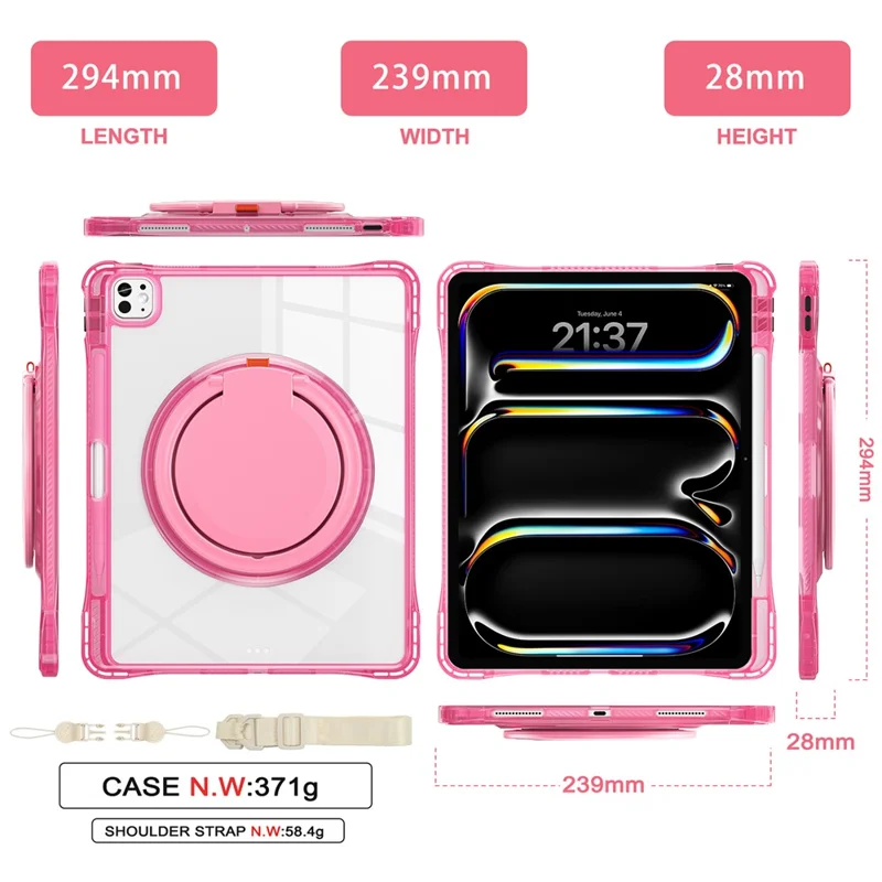 For iPad Pro 13 (2025) / 13 (2024) Case with Shoulder Strap Kickstand PC+TPU+Acrylic Tablet Cover - Rose