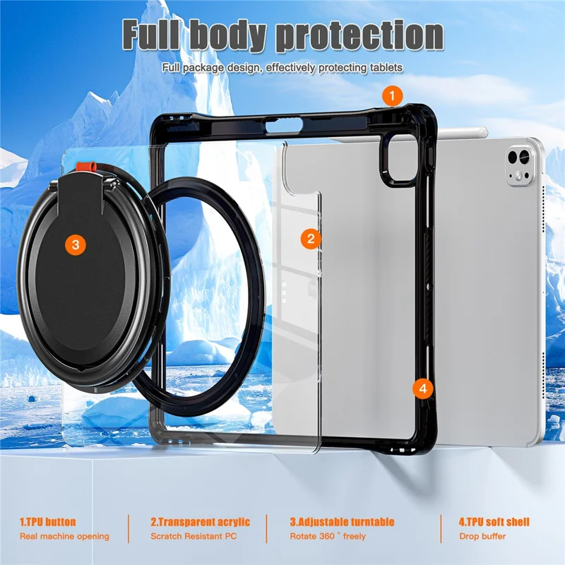 For iPad Pro 13 (2025) / 13 (2024) Case Rotary Kickstand PC+TPU+Acrylic Tablet Cover - Black