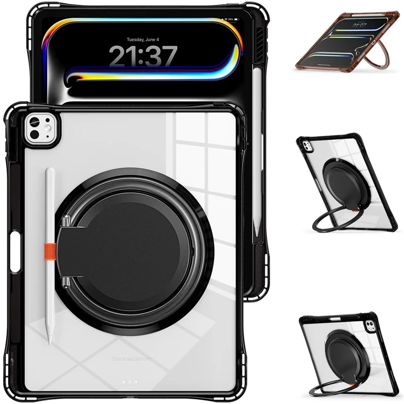 For iPad Pro 13 (2025) / 13 (2024) Case Rotary Kickstand PC+TPU+Acrylic Tablet Cover - Black