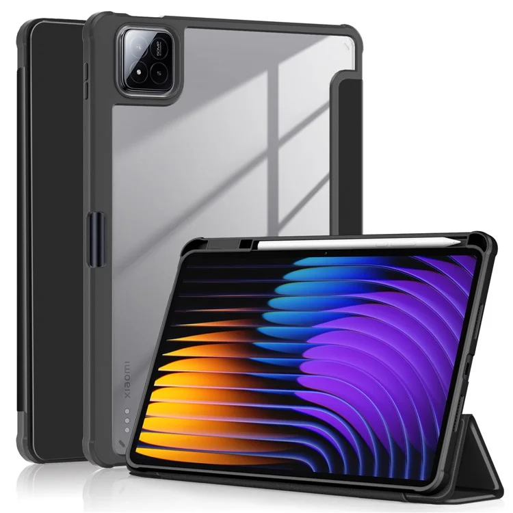 Custodia per Xiaomi Pad 7 Pro / Pad 7 Supporto tri-fold in pelle PU+TPU+retro in PC trasparente - Nero