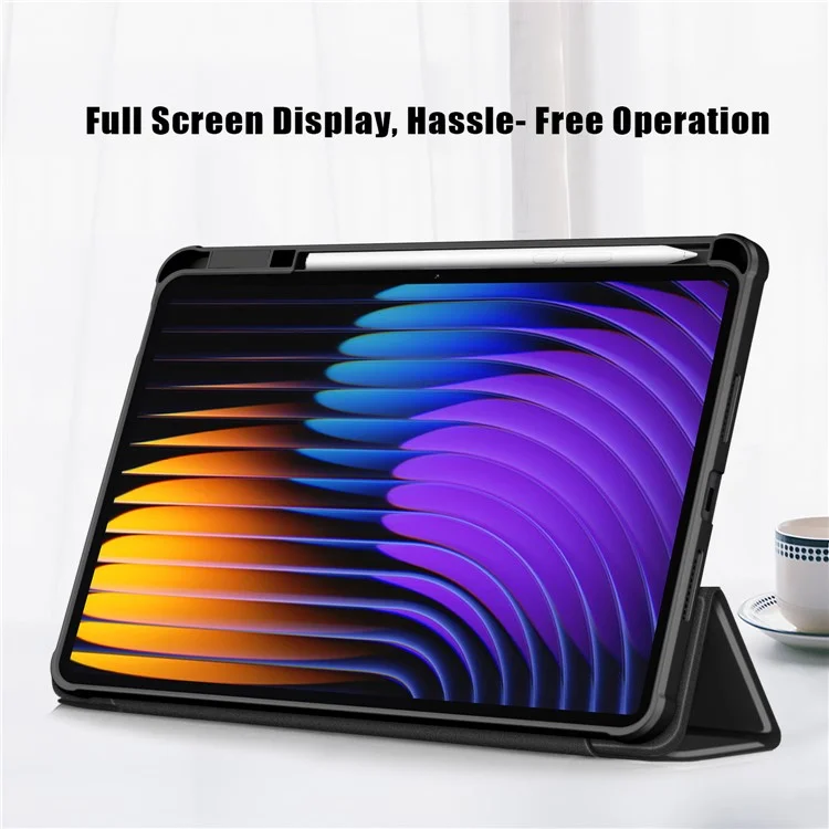Custodia per Xiaomi Pad 7 Pro / Pad 7 Supporto tri-fold in pelle PU+TPU+retro in PC trasparente - Nero