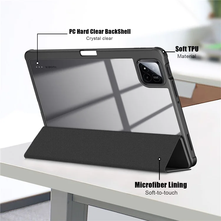 Custodia per Xiaomi Pad 7 Pro / Pad 7 Supporto tri-fold in pelle PU+TPU+retro in PC trasparente - Nero