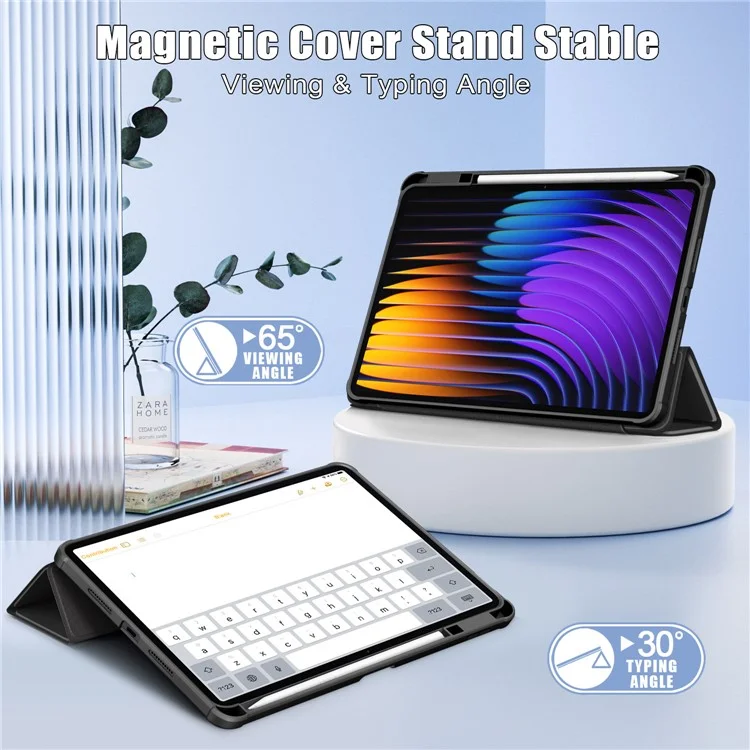 Custodia per Xiaomi Pad 7 Pro / Pad 7 Supporto tri-fold in pelle PU+TPU+retro in PC trasparente - Nero