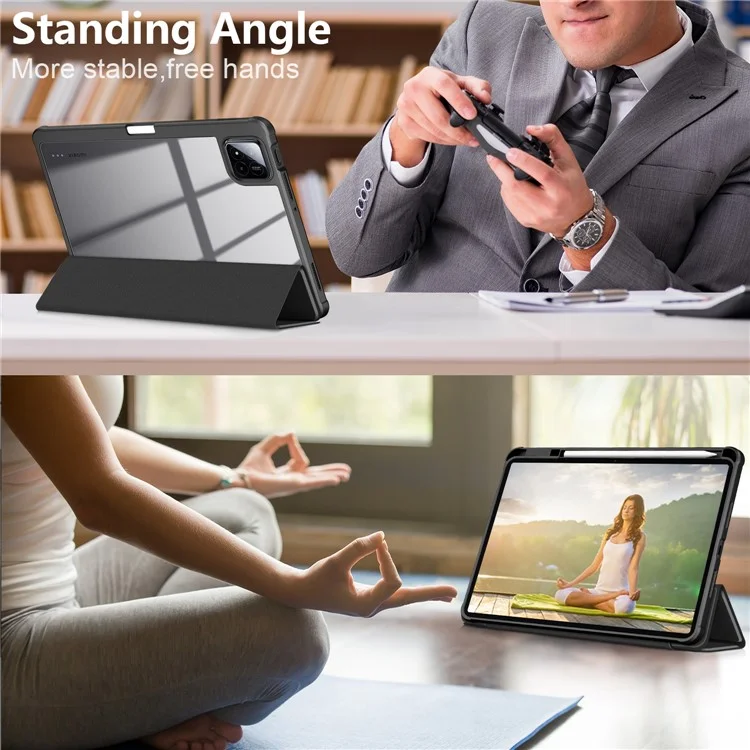 Custodia per Xiaomi Pad 7 Pro / Pad 7 Supporto tri-fold in pelle PU+TPU+retro in PC trasparente - Nero
