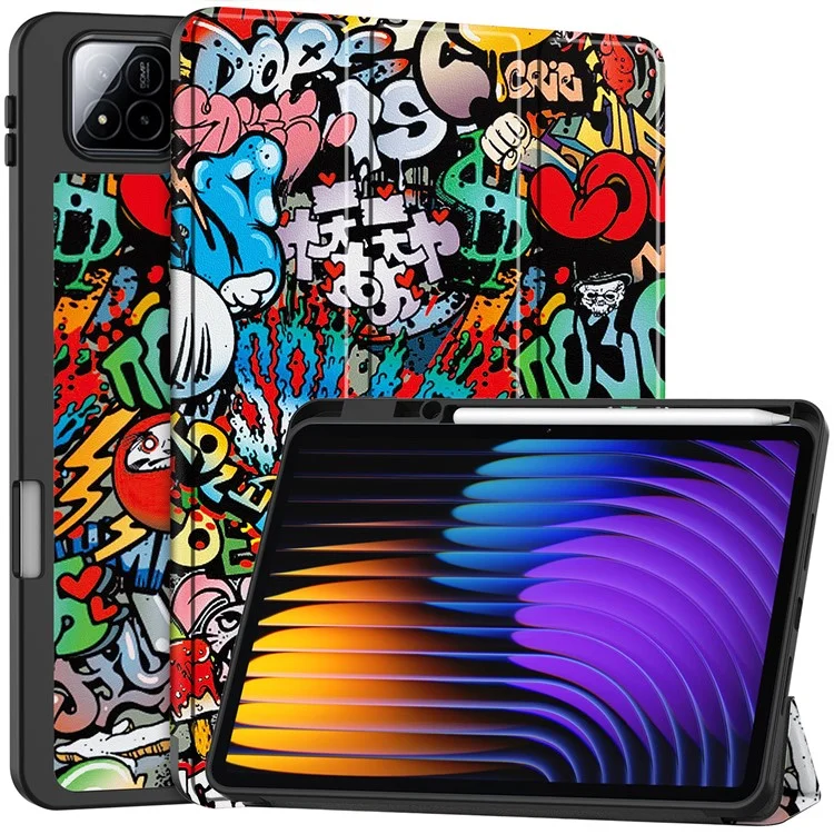 Hülle für Xiaomi Pad 7 Pro / Pad 7 Tablet, Musterbedruckung, Dreifach-Faltständer, Leder + TPU-Abdeckung mit Stifthalter - Graffiti