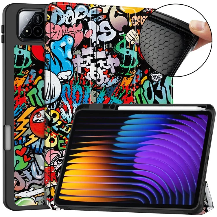 Hülle für Xiaomi Pad 7 Pro / Pad 7 Tablet, Musterbedruckung, Dreifach-Faltständer, Leder + TPU-Abdeckung mit Stifthalter - Graffiti