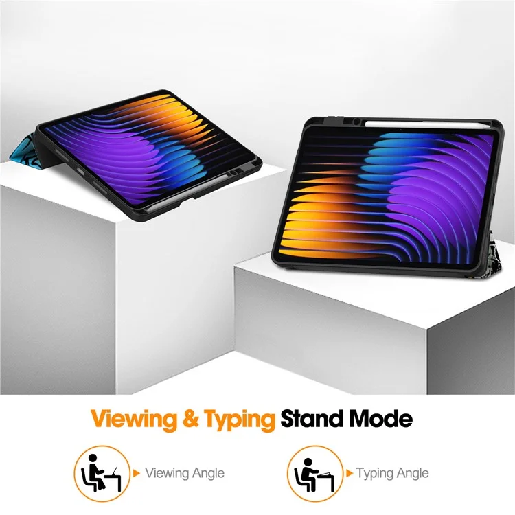 Hülle für Xiaomi Pad 7 Pro / Pad 7 Tablet, Musterbedruckung, Dreifach-Faltständer, Leder + TPU-Abdeckung mit Stifthalter - Graffiti