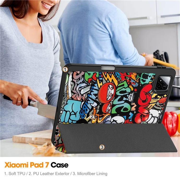 Hülle für Xiaomi Pad 7 Pro / Pad 7 Tablet, Musterbedruckung, Dreifach-Faltständer, Leder + TPU-Abdeckung mit Stifthalter - Graffiti