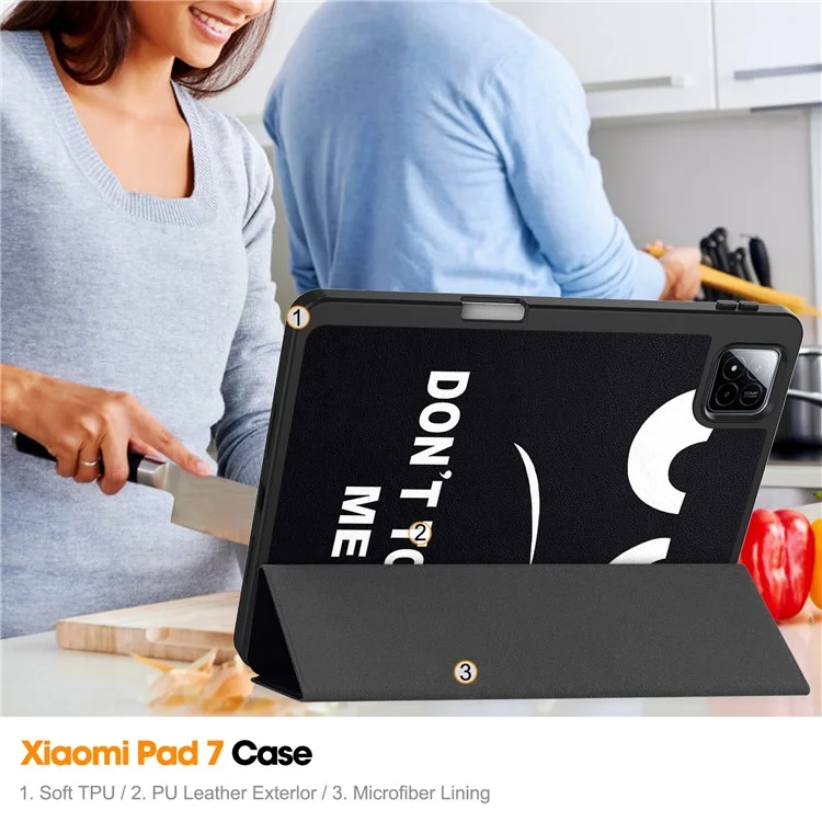 For Xiaomi Pad 7 Pro  /  Pad 7 Tablet Case Pattern Printing Tri-Fold Stand Leather+TPU Cover with Pen Holder - Don't Touch Me