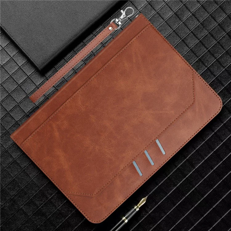 For iPad mini (2024) Wallet Case Auto Wake / Sleep Leather Flip Tablet Cover Cowhide Texture - Brown