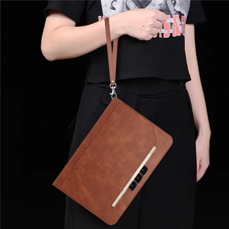 For iPad mini (2024) Wallet Case Auto Wake / Sleep Leather Flip Tablet Cover Cowhide Texture - Brown