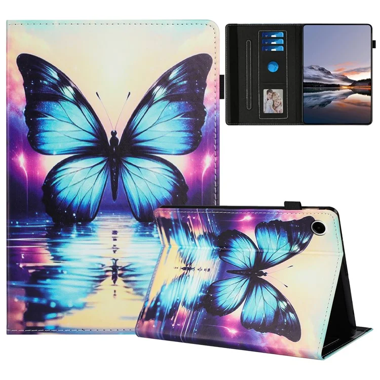 Funda para Samsung Galaxy Tab A9+ con diseño de patrón de cuero, cubierta de tableta con función de suspensión/activación automática, soporte para tarjetas - Reflexión de mariposa