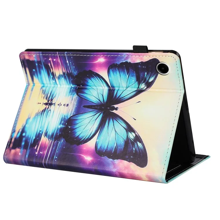 Funda para Samsung Galaxy Tab A9+ con diseño de patrón de cuero, cubierta de tableta con función de suspensión/activación automática, soporte para tarjetas - Reflexión de mariposa