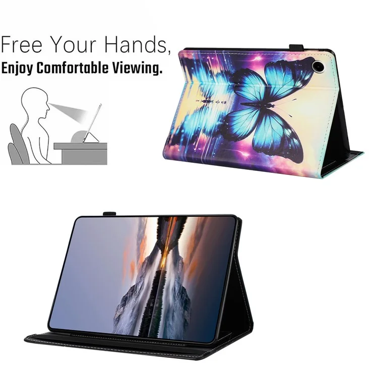 Funda para Samsung Galaxy Tab A9+ con diseño de patrón de cuero, cubierta de tableta con función de suspensión/activación automática, soporte para tarjetas - Reflexión de mariposa