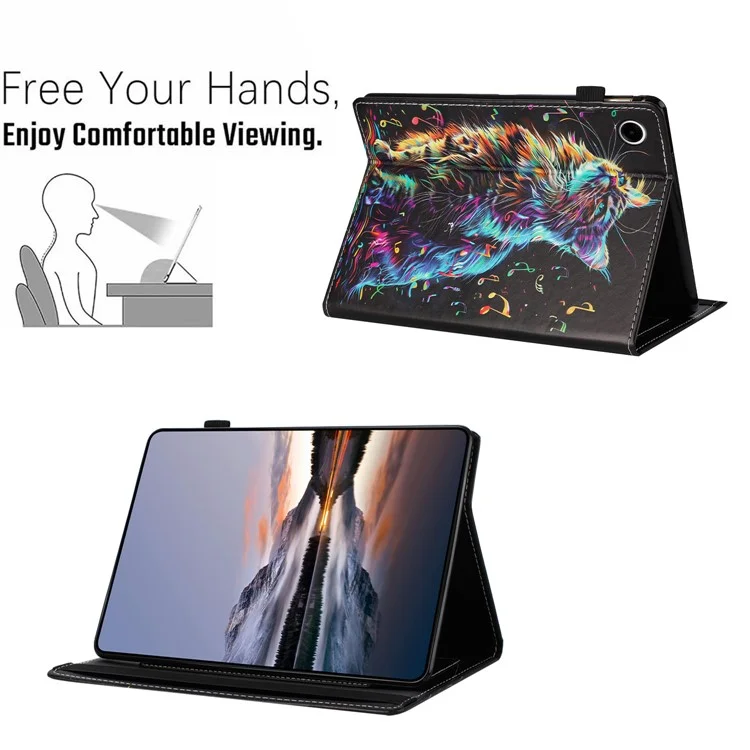 For Samsung Galaxy Tab A9 Case Pattern Leather Tablet Cover with Auto Sleep / Wake, Card Holder - Musical Note Cat