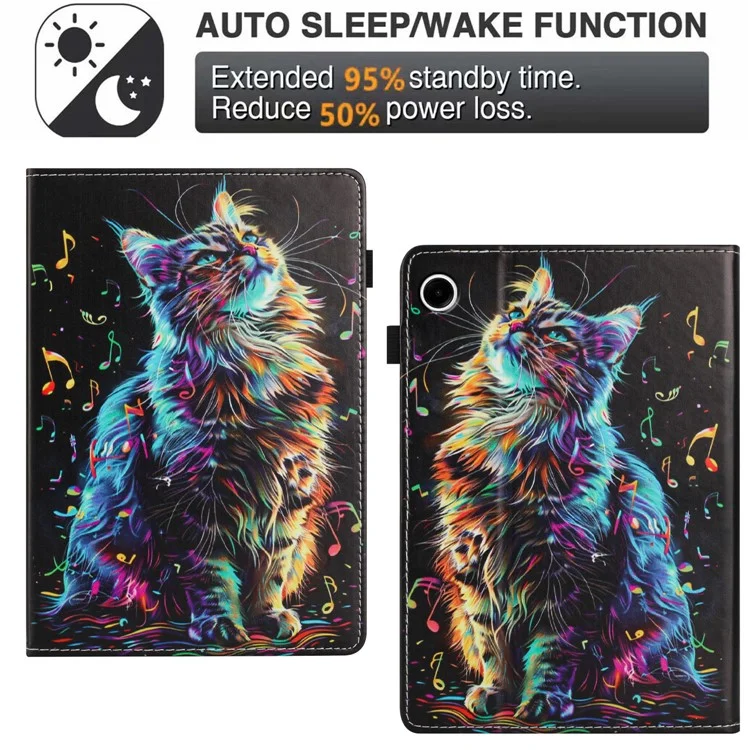 For Samsung Galaxy Tab A9 Case Pattern Leather Tablet Cover with Auto Sleep / Wake, Card Holder - Musical Note Cat