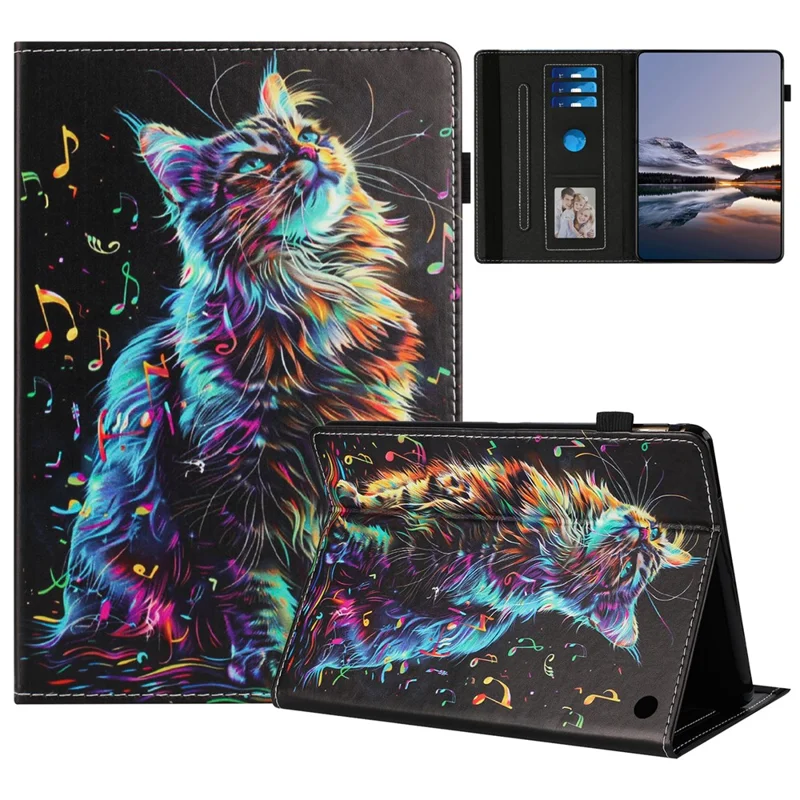 For Amazon Fire 7 (2022) Case Pattern Leather Tablet Cover with Auto Sleep / Wake, Card Holder - Musical Note Cat