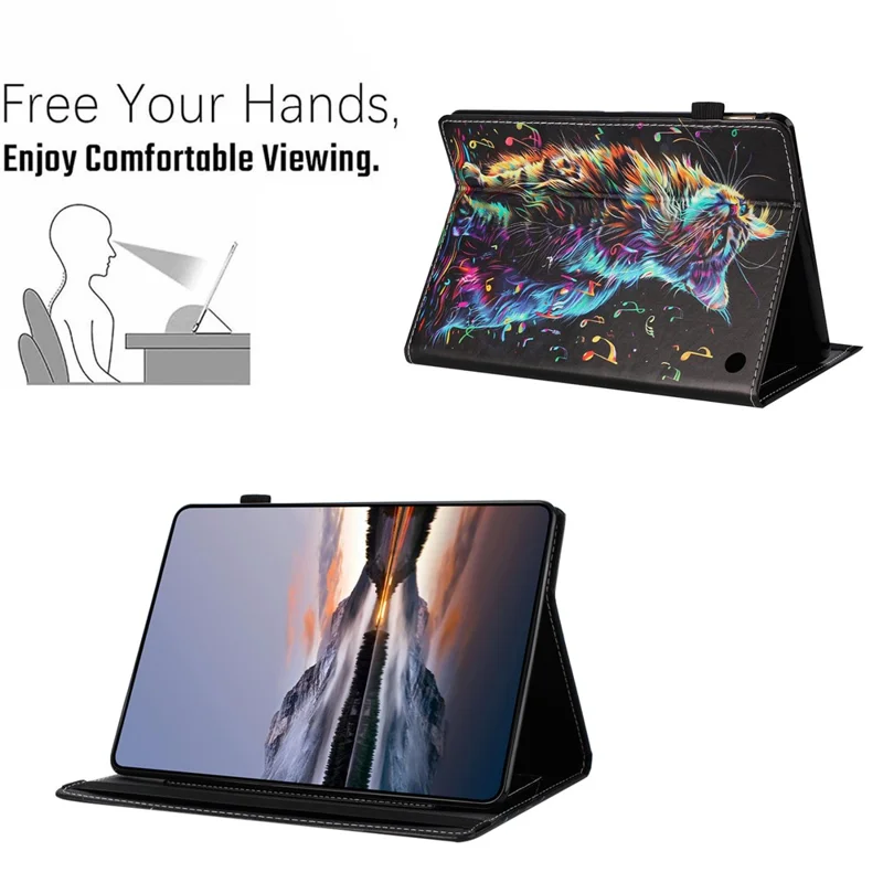 For Amazon Fire 7 (2022) Case Pattern Leather Tablet Cover with Auto Sleep / Wake, Card Holder - Musical Note Cat