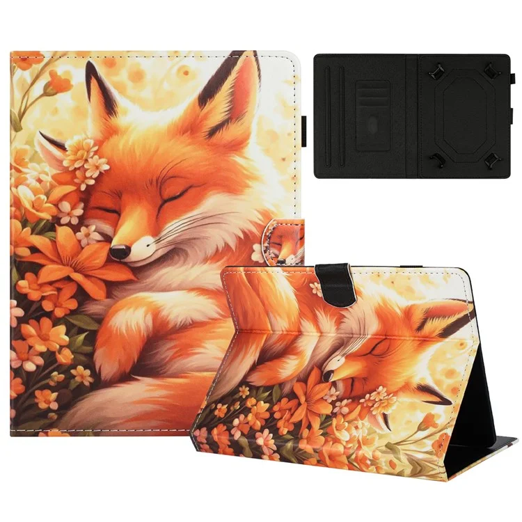 Capa de couro universal para tablet de 10 polegadas com padrão, com função de dormir/acordar automática e porta-cartões - Raposa Floral