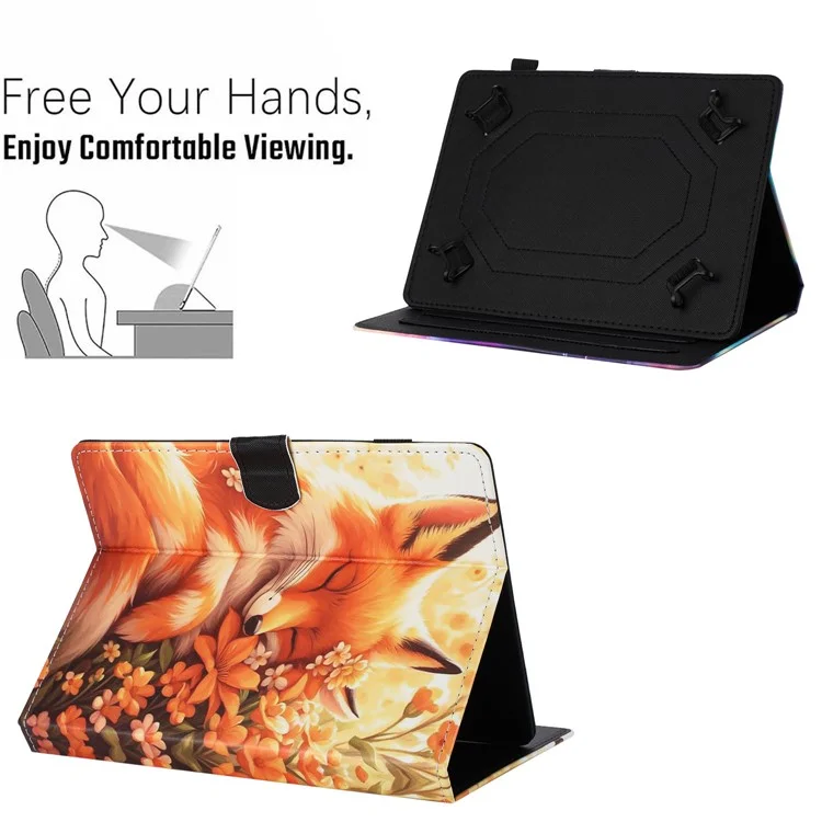 Capa de couro universal para tablet de 10 polegadas com padrão, com função de dormir/acordar automática e porta-cartões - Raposa Floral