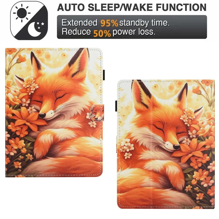 Capa de couro universal para tablet de 10 polegadas com padrão, com função de dormir/acordar automática e porta-cartões - Raposa Floral