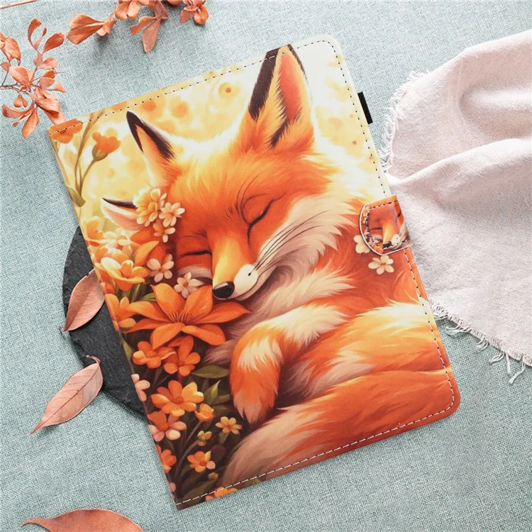 Capa de couro universal para tablet de 10 polegadas com padrão, com função de dormir/acordar automática e porta-cartões - Raposa Floral