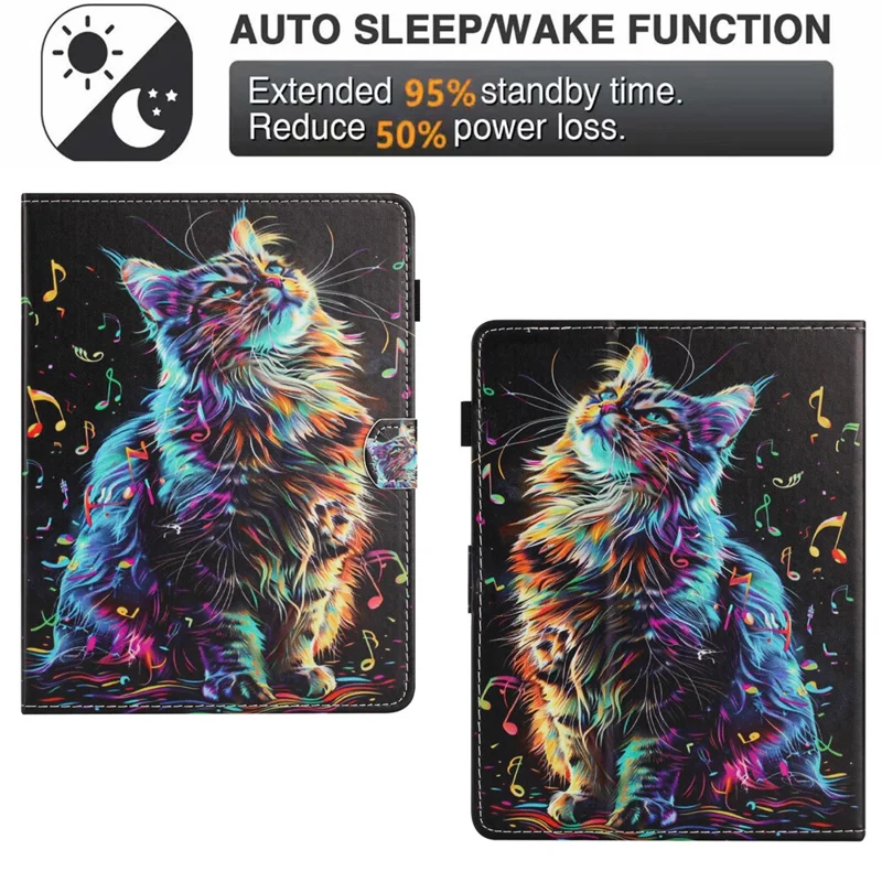 Universal 7-inch tablethylster med mønster, læderdæksel med automatisk sluk/tænd, kortlomme - Musiknøgle Kat