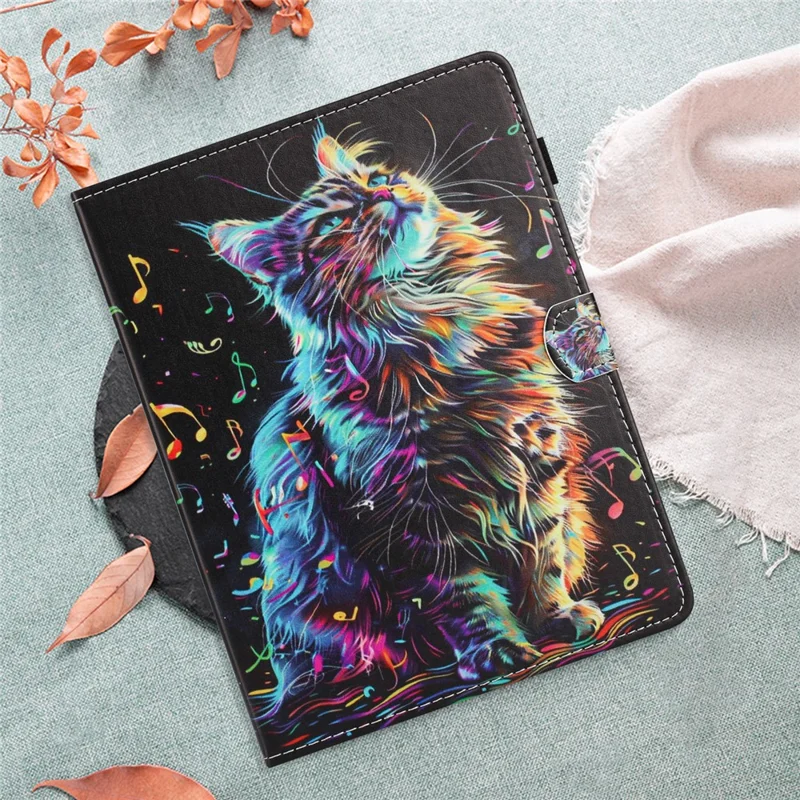 Universal 7-inch tablethylster med mønster, læderdæksel med automatisk sluk/tænd, kortlomme - Musiknøgle Kat