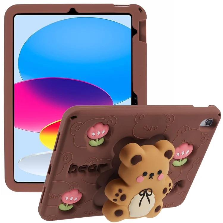 Für iPad 10.9 (2022) Silikonhülle mit Bär-Ständer und Tulpen-Tablet-Abdeckung