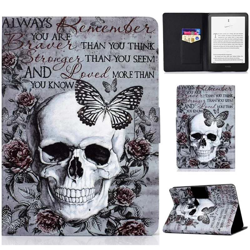 For Amazon Kindle Paperwhite (2024) Case Stand Pattern Printed Leather Cover - Skull