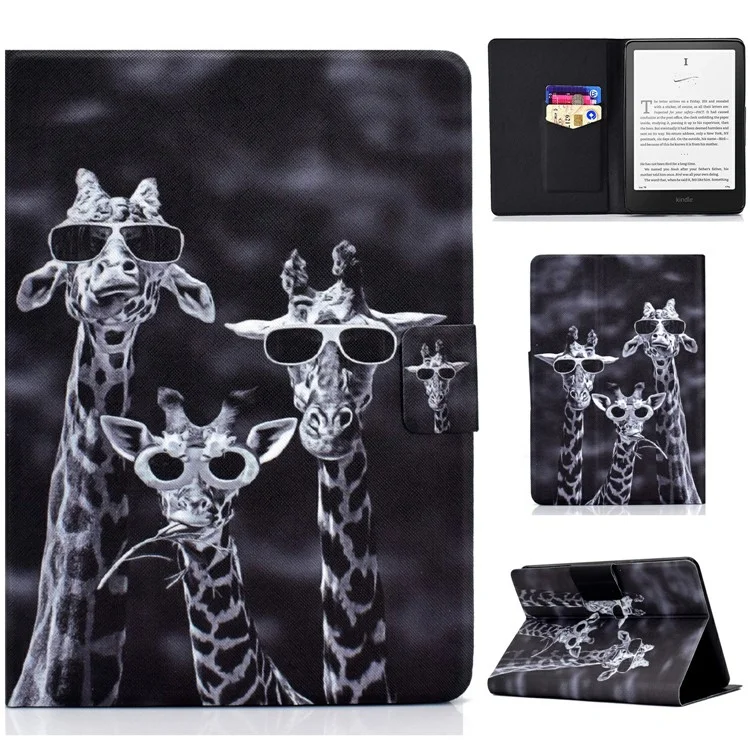 For Amazon Kindle Paperwhite (2024) Case Stand Pattern Printed Leather Cover - Three Giraffes
