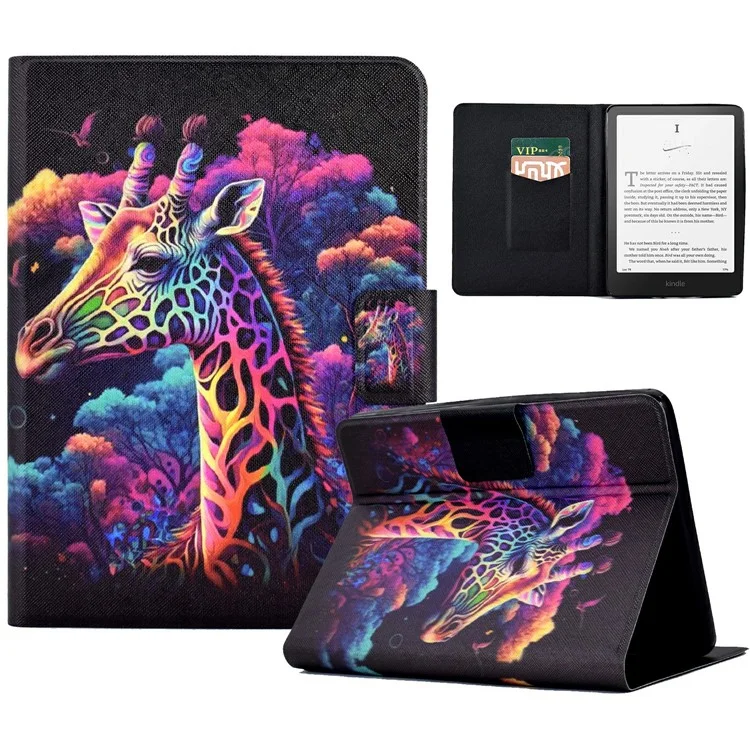 For Amazon Kindle Paperwhite (2024) Case Stand Pattern Printed Leather Cover - Giraffe