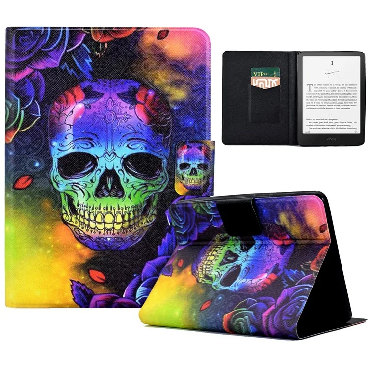 For Amazon Kindle Paperwhite (2024) Case Stand Pattern Printed Leather Cover - Colorful Skull