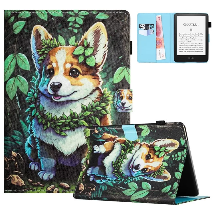 For Amazon Kindle Paperwhite (2024) Case Leather Card Holder Stand E-Reader Cover - Corgi