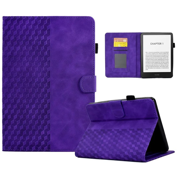 Capa para Amazon Kindle Paperwhite (2024) com slots para cartões, cobertura de couro para e-reader com padrão geométrico - Roxo