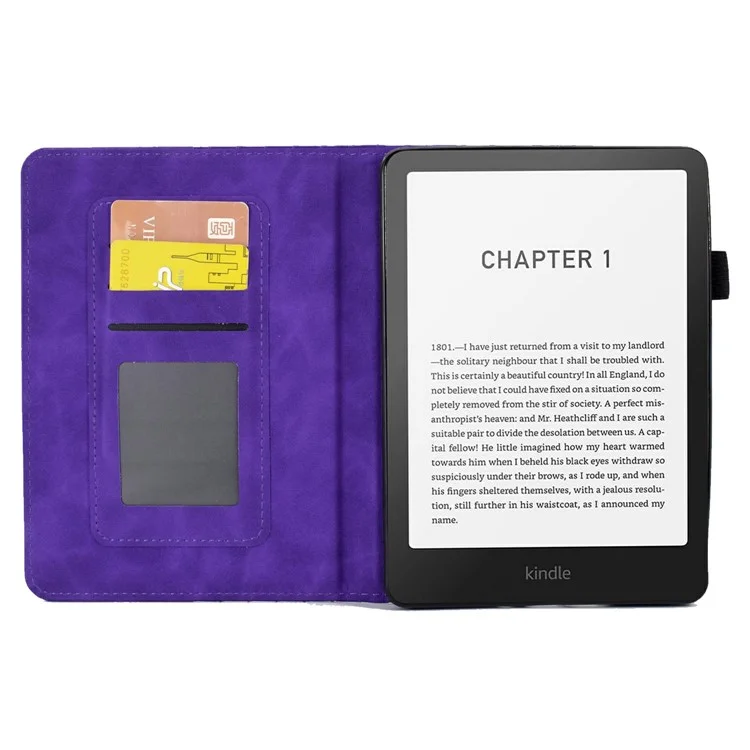 Capa para Amazon Kindle Paperwhite (2024) com slots para cartões, cobertura de couro para e-reader com padrão geométrico - Roxo
