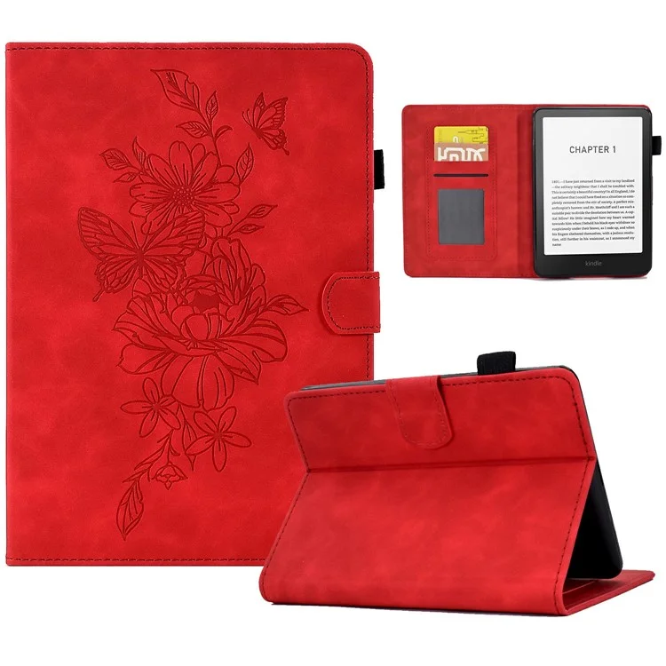 Für Amazon Kindle Paperwhite (2024) Hülle Blume Schmetterling Geprägter Kartenfächer Lederabdeckung - Rot