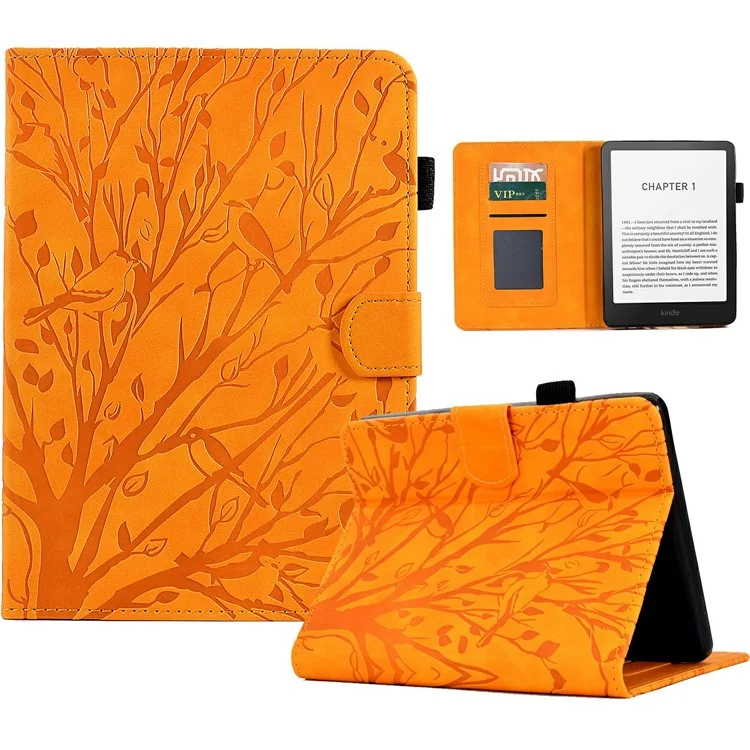 For Amazon Kindle Paperwhite (2024) Leather Case Tree Pattern Card Slots Stand E-Reader Cover - Khaki