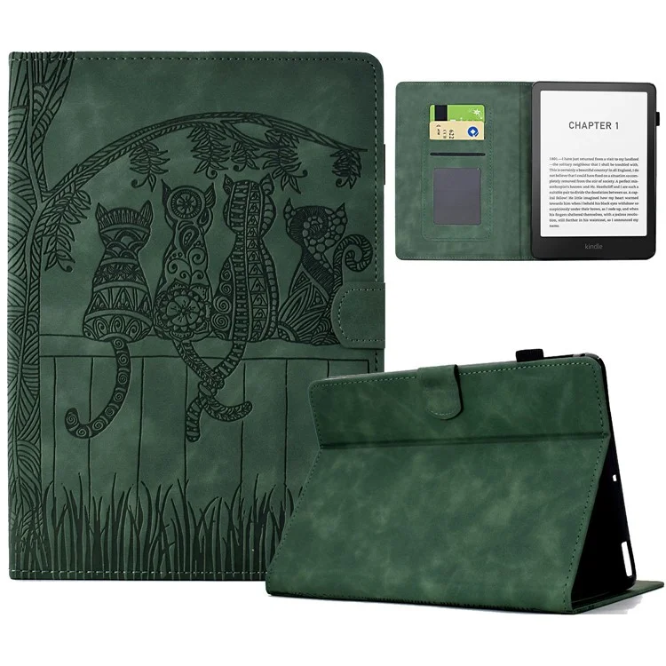 Funda para Amazon Kindle Paperwhite (2024) con impresión de gatos, ranuras para tarjetas de cuero de PU - Verde