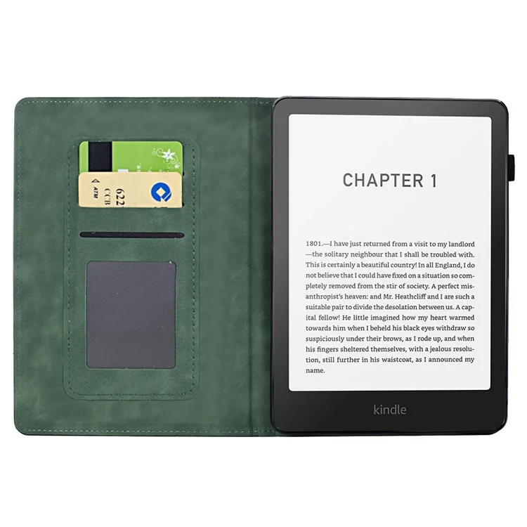 Funda para Amazon Kindle Paperwhite (2024) con impresión de gatos, ranuras para tarjetas de cuero de PU - Verde