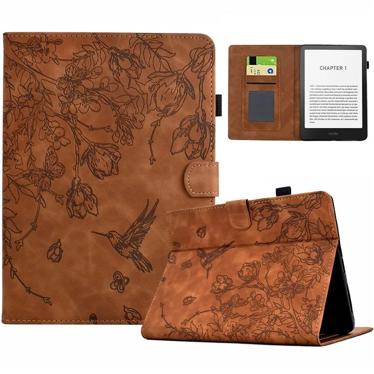 Funda para Amazon Kindle Paperwhite (2024) con diseño de flor y pájaro, bolsillo para tarjetas y cubierta de cuero para e-reader - Marrón